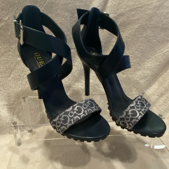 Guess Ankle Cross-Strap Slingback Ultra High Stiletto Heels Navy Blue Size 7 EUC - Picture 4 of 14